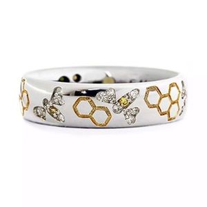 🐝Crystal bee and golden honeycomb silver ring 🍯